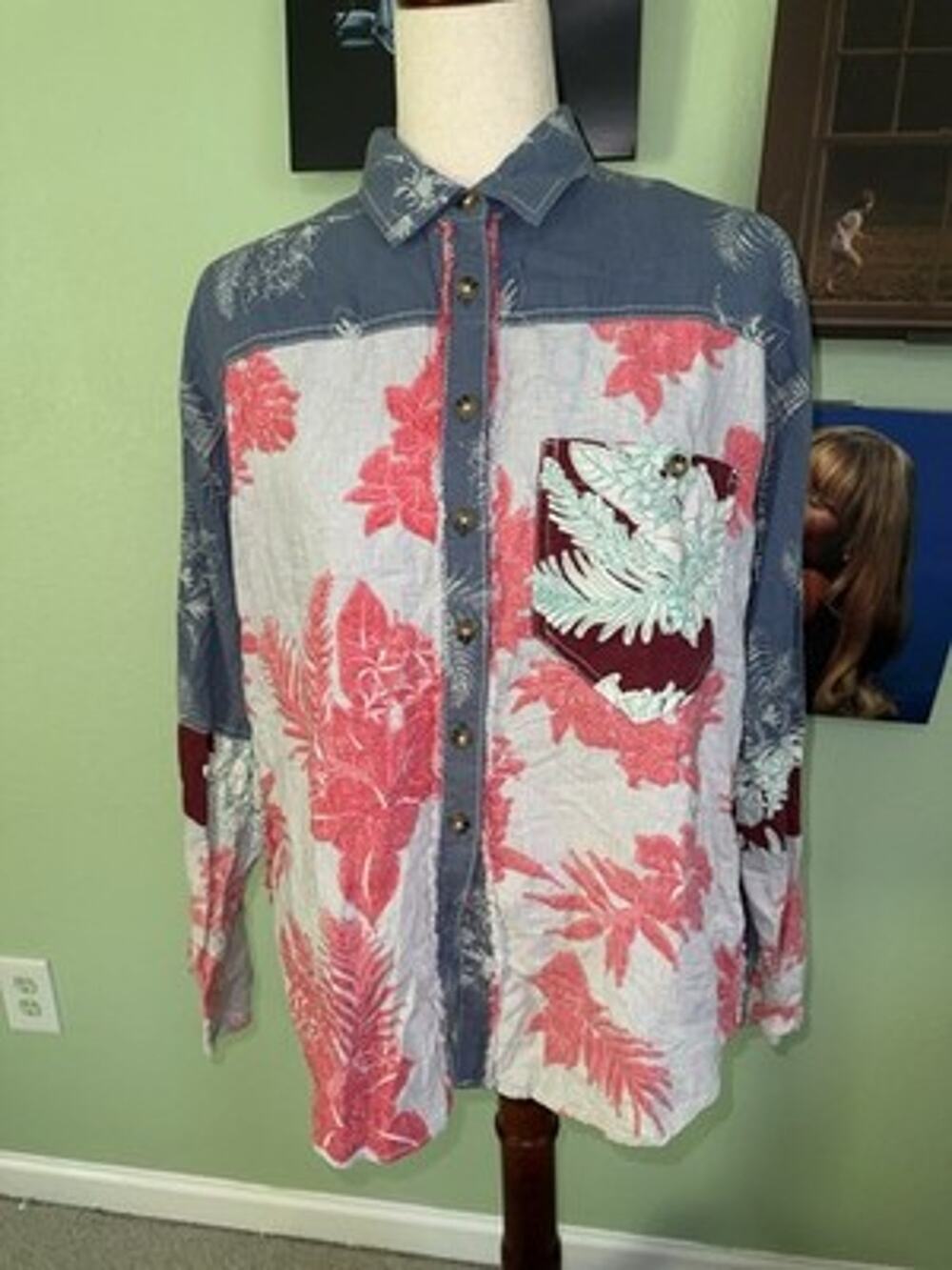 Free People We The Free Chambray Combo Shirt S Floral Patchwork linen blend NWT